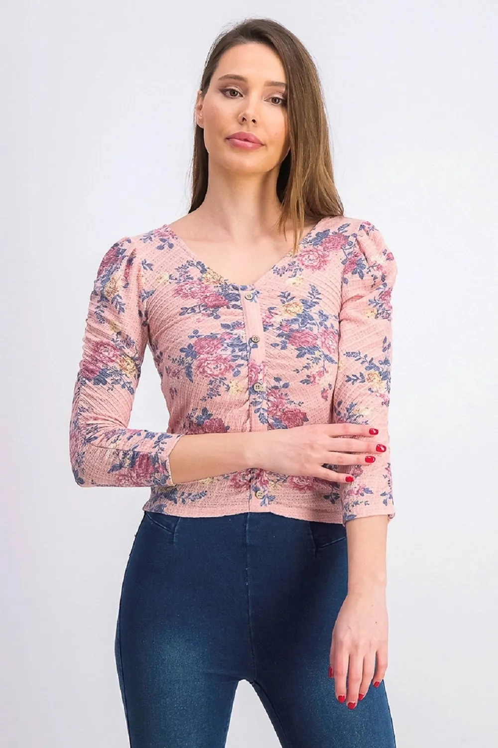 Crave Fame Junior's Ruched Floral Top Pink Size Small sold by Ruumur