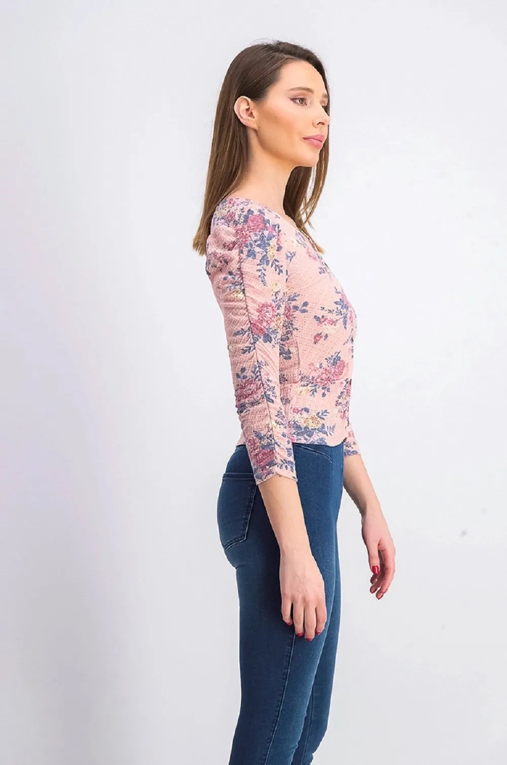 Crave Fame Junior's Ruched Floral Top Pink Size Small sold by Ruumur product image thumbnail 3