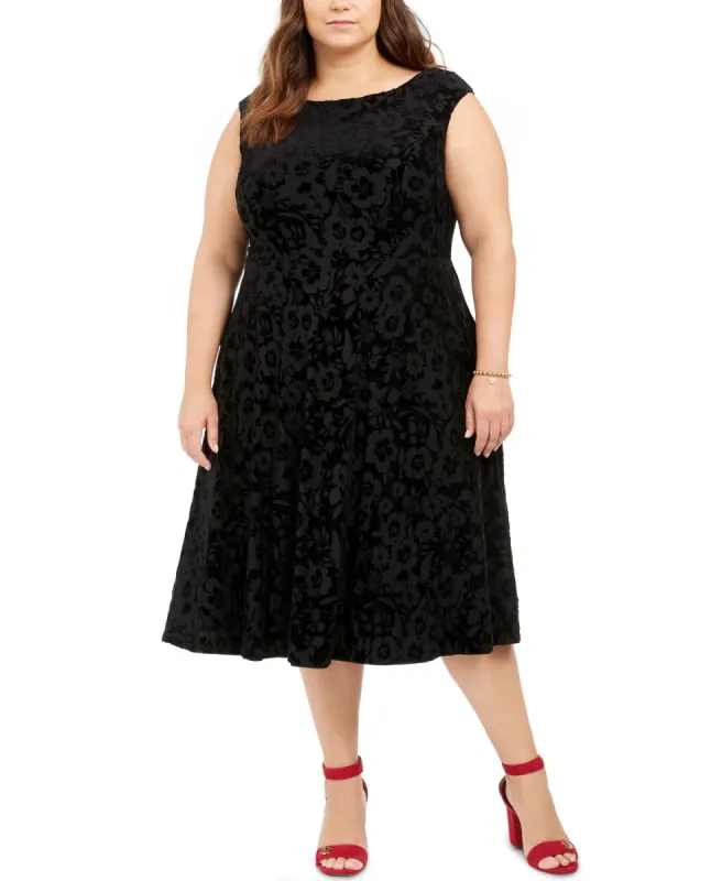Tommy Hilfiger Women's Plus Size Cap-Sleeve Velvet Burnout A-Line Dress Black Size 16 Plus sold by Ruumur