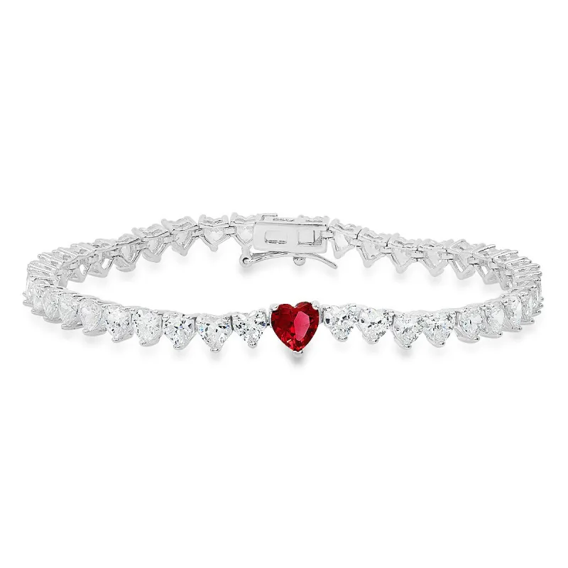 Sterling Silver 7.25" Ruby CZ Heart-cut CZ Tennis Bracelet sold by Ruumur