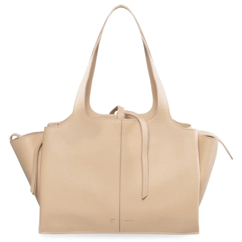 Celine Tri-Fold Shoulder Bag | Beige Grained Calfskin Leather sold by Ruumur
