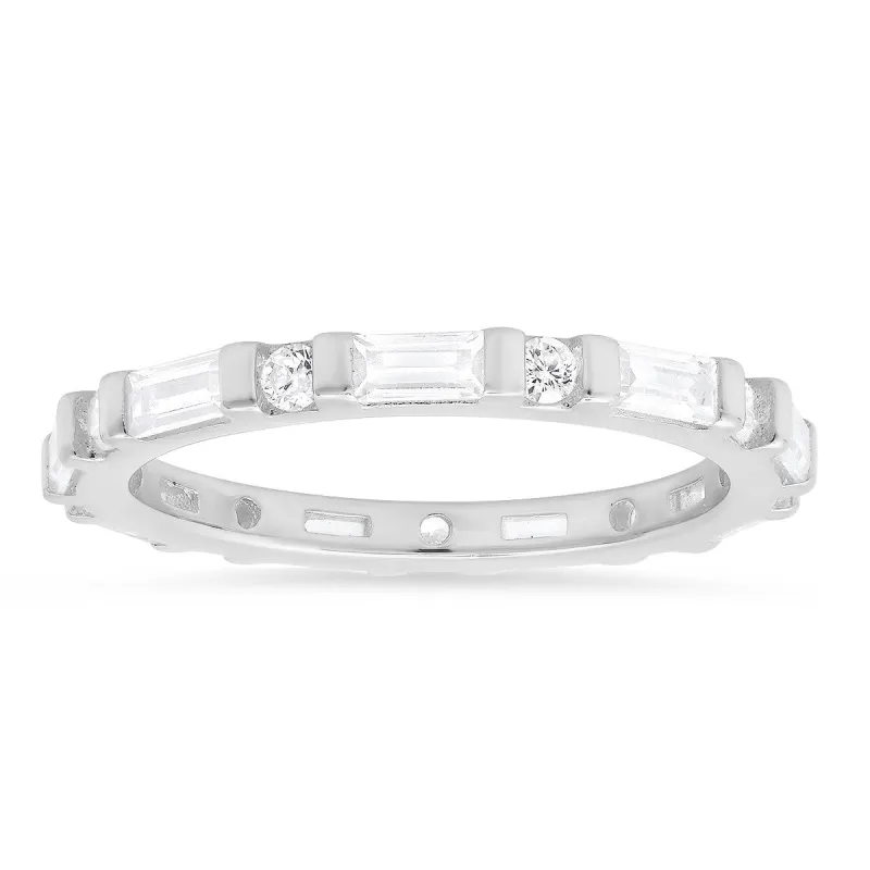 Sterling Silver Round & Baguette-cut CZ Stackable Eternity Band Ring sold by Ruumur