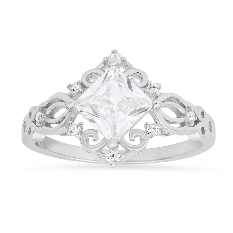 Sterling Silver Princess-cut CZ Filigree Ring sold by Ruumur