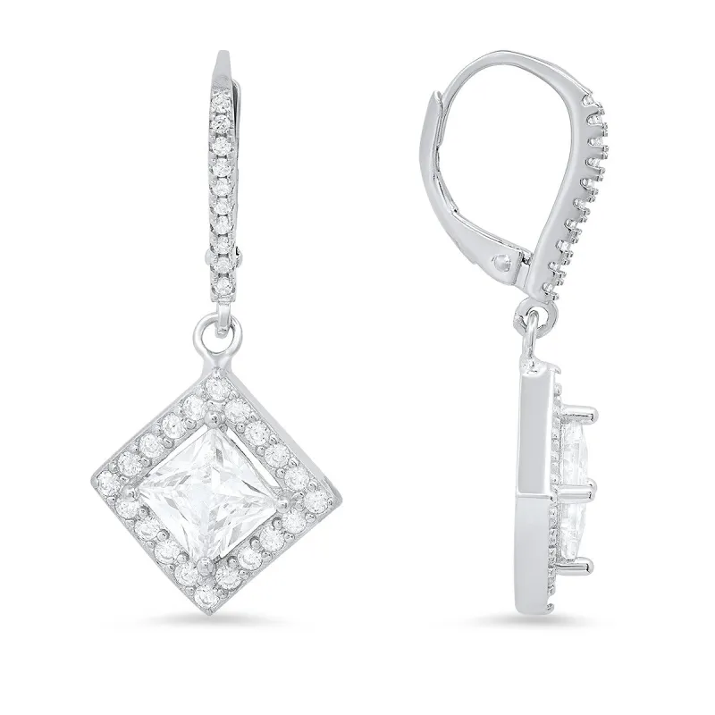 Sterling Silver Princess-cut CZ Leverback Earrings sold by Ruumur