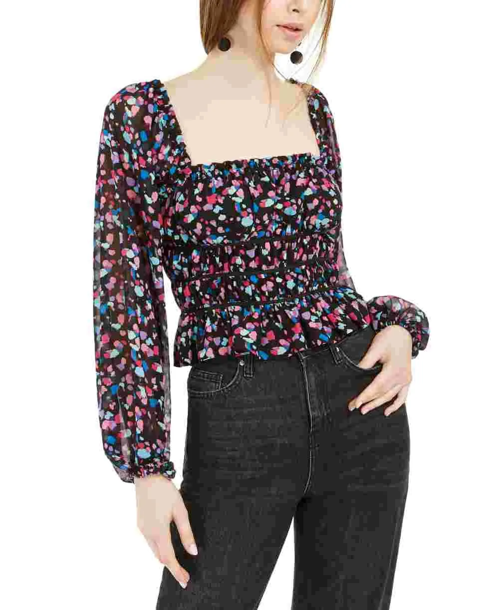 Leyden Women's Ruffled Printed Square Neck Top Black Size X-Small sold by Ruumur