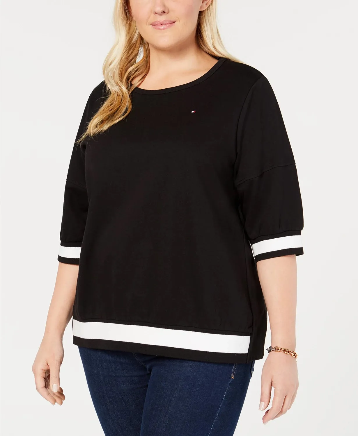 Tommy Hilfiger Women's Color Block 3/4 Sleeve Jewel Neck Top Black Size 1X sold by Ruumur