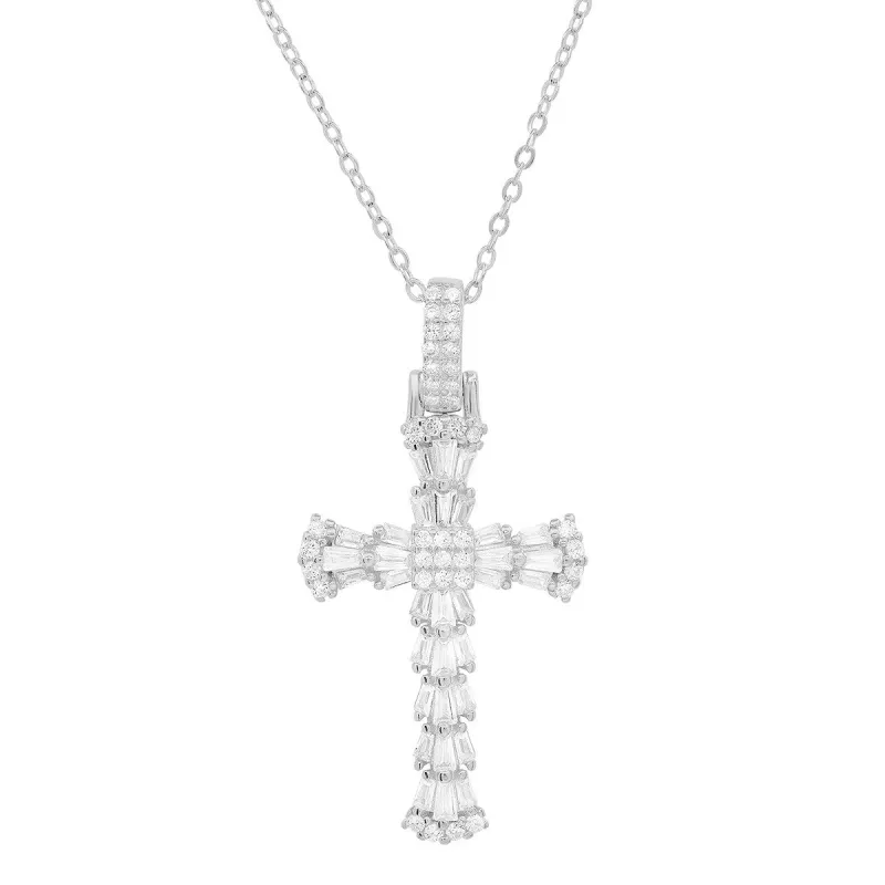 Sterling Silver Baguette-cut CZ Cross Pendant sold by Ruumur