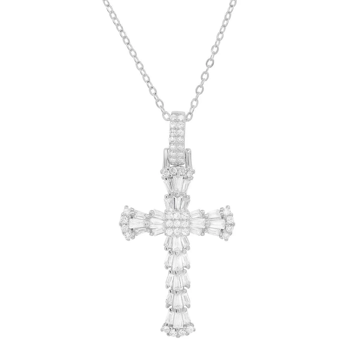 Sterling Silver Baguette-cut CZ Cross Pendant sold by Ruumur