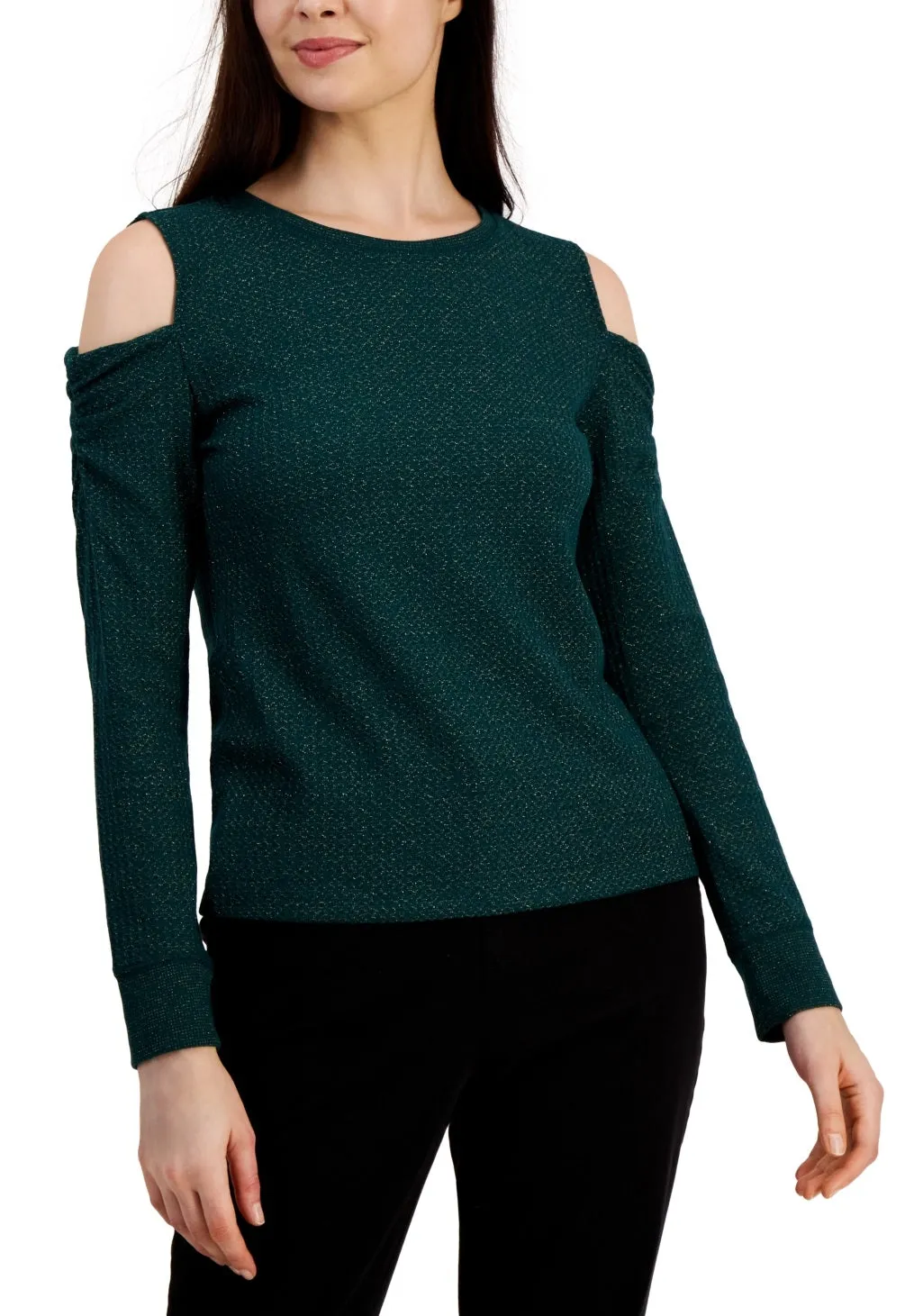 Tommy Hilfiger Women's Metallic Waffled Cold Shoulder Shirt Green sold by Ruumur
