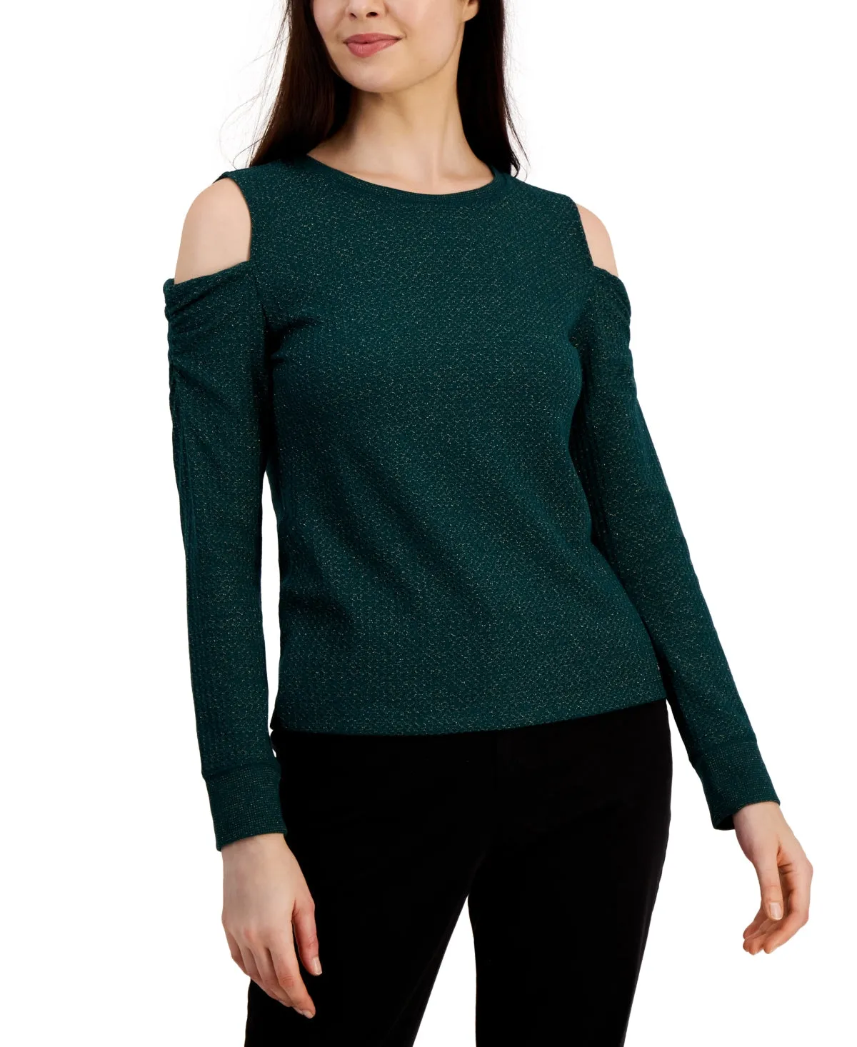 Tommy Hilfiger Women's Metallic Waffled Cold Shoulder Shirt Green sold by Ruumur product image thumbnail 5