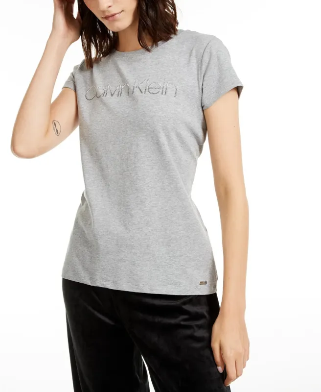 Calvin Klein Women's Studded Logo T-Shirt Grey Size Small made by Ruumur