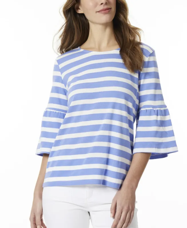 Jones New York Women's Stripe Cotton Crew Neck Elbow Bell Sleeve Top Blue Size X-Large made by Ruumur