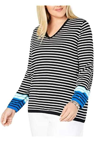 Tommy Hilfiger Women's Plus Size Cotton Striped V-Neck Sweater Blue Size 2X sold by Ruumur
