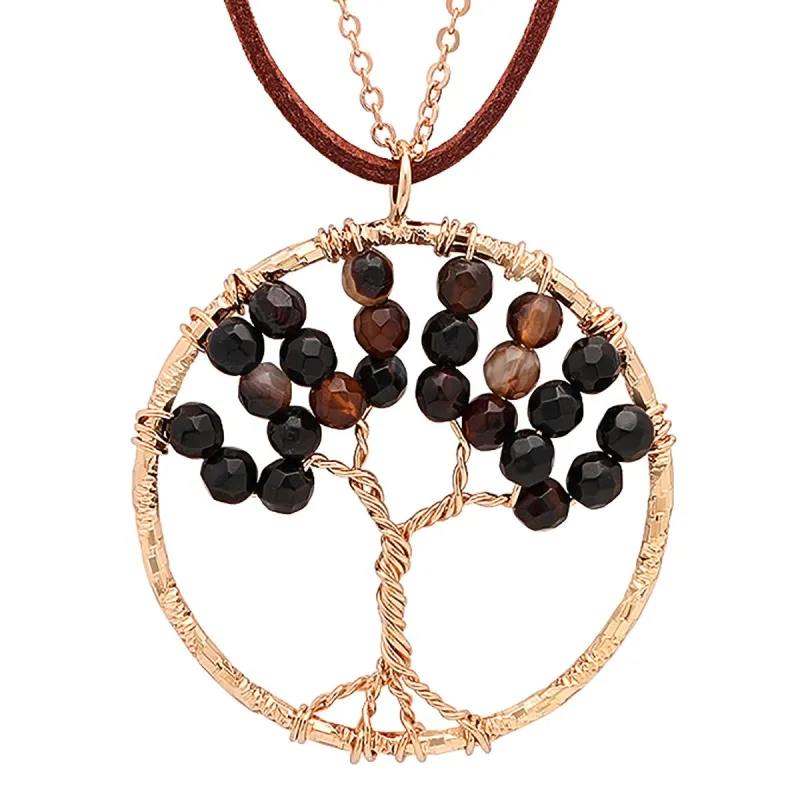 SteelTime Women's Brass Black Agate Tree Of Life Necklace With Brown Velvet sold by Ruumur