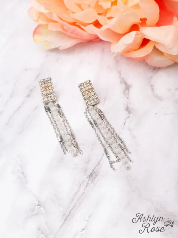 DANCE WITH ME SILVER CRYSTAL RECTANGLE PENDANT WHITE BEADED FRINGE EARRINGS made by Ruumur