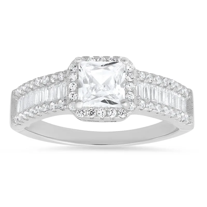 Sterling Silver Princess & Baguette-cut CZ Halo Ring sold by Ruumur