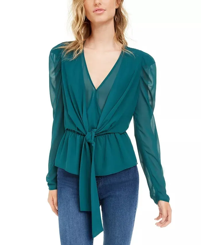 Leyden Women's Puff Sleeve Tie-Front Top Dark Blue Size Small sold by Ruumur