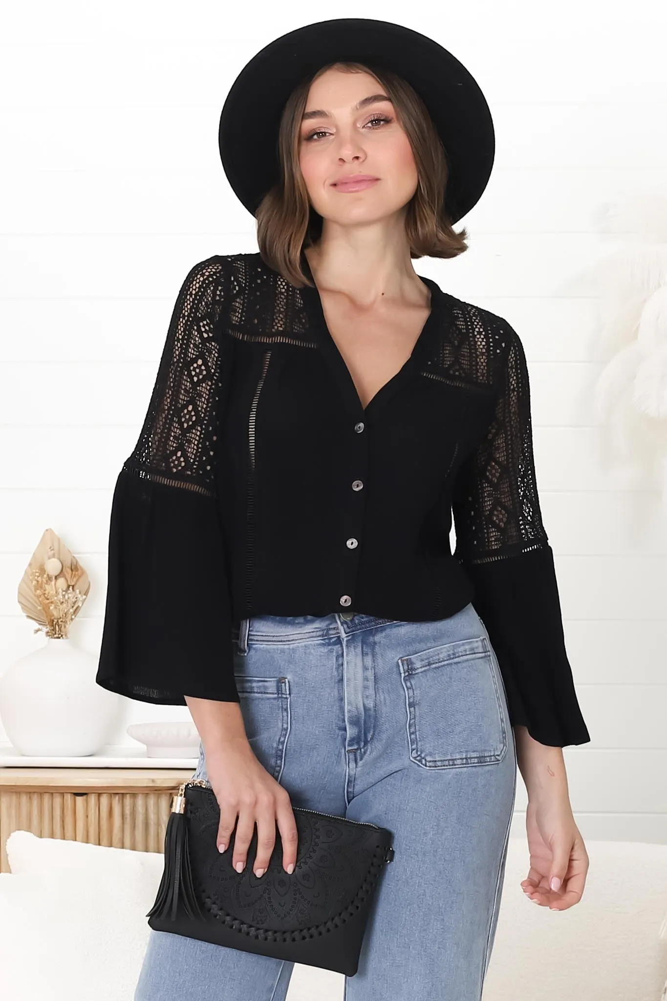 Myrna Top - V Neck Hollow Out Lace Detailed Button Down in Black sold by Salty Crush product image thumbnail 2