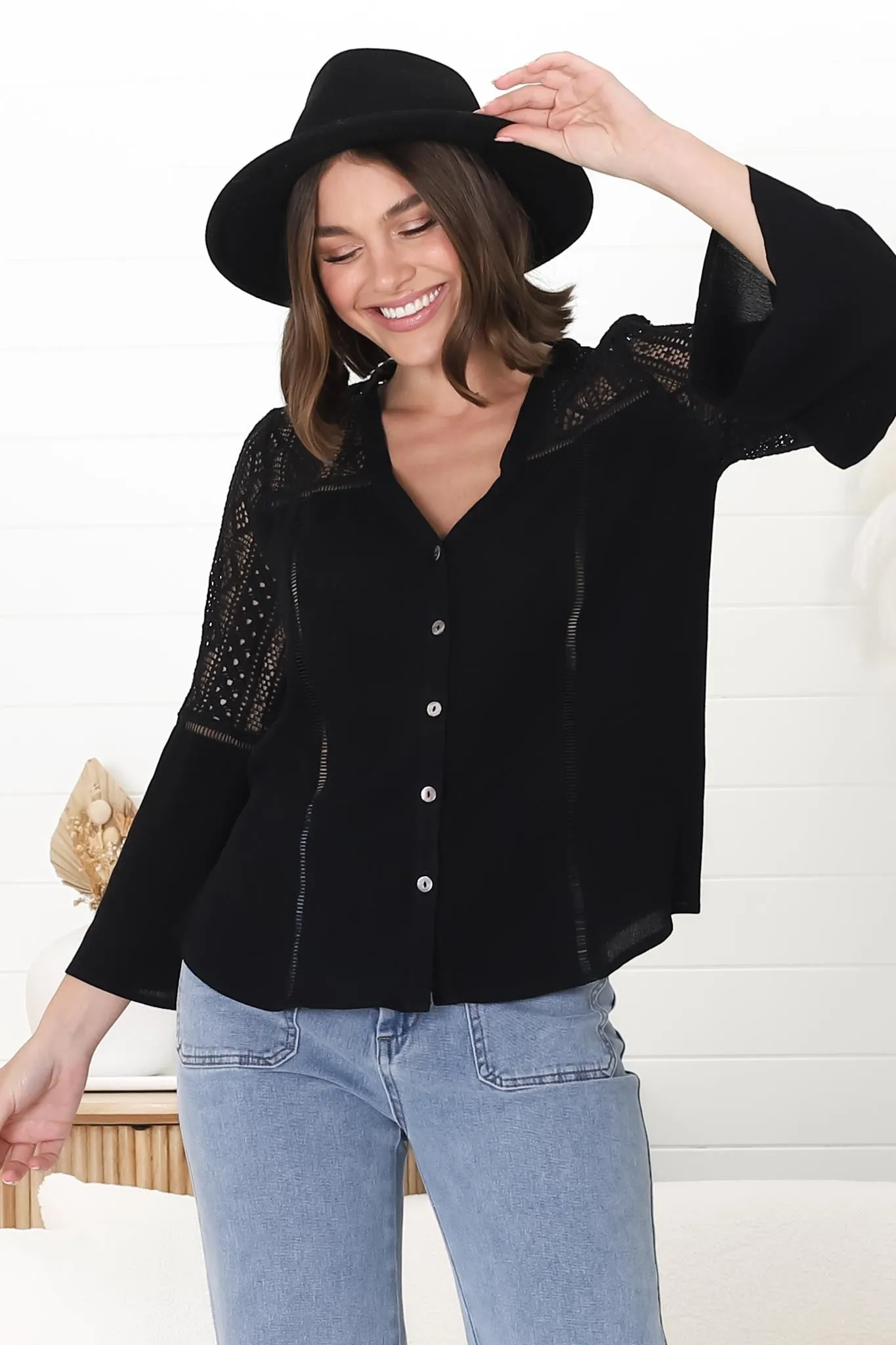 Myrna Top - V Neck Hollow Out Lace Detailed Button Down in Black sold by Salty Crush