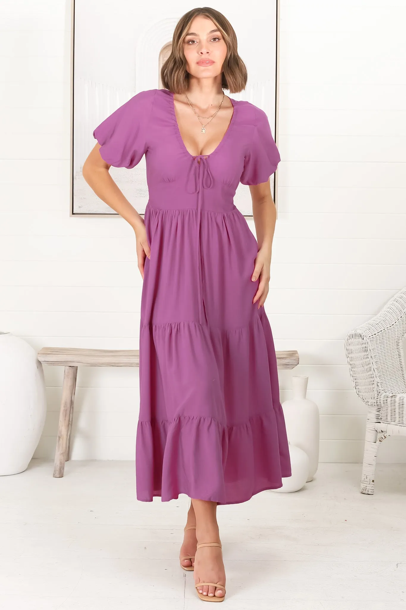 Ellen Midi Dress - Pull In V Neckline Dress With Cap Balloon Sleeves In Purple sold by Salty Crush product image thumbnail 3