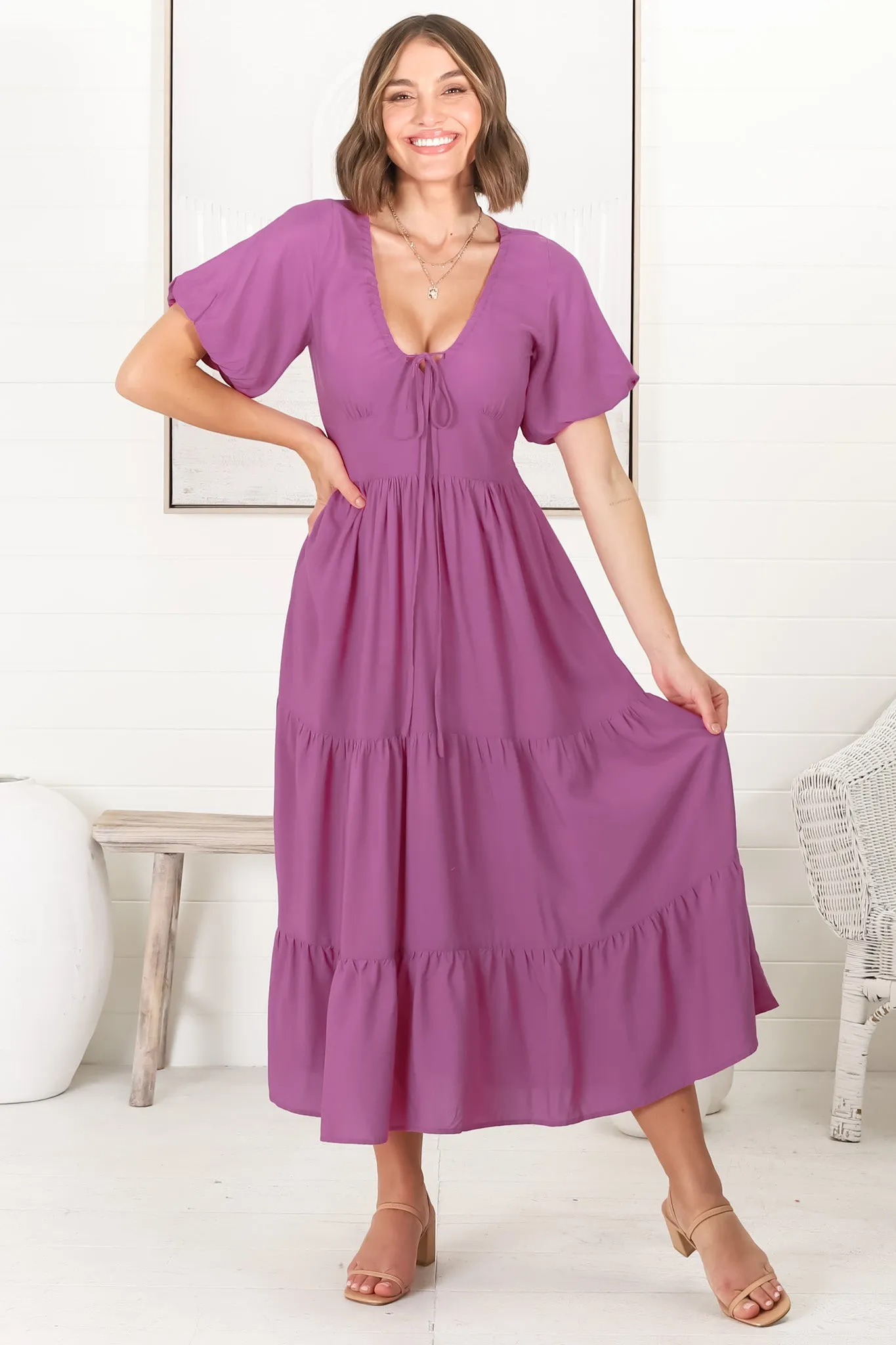 Ellen Midi Dress - Pull In V Neckline Dress With Cap Balloon Sleeves In Purple sold by Salty Crush product image thumbnail 5