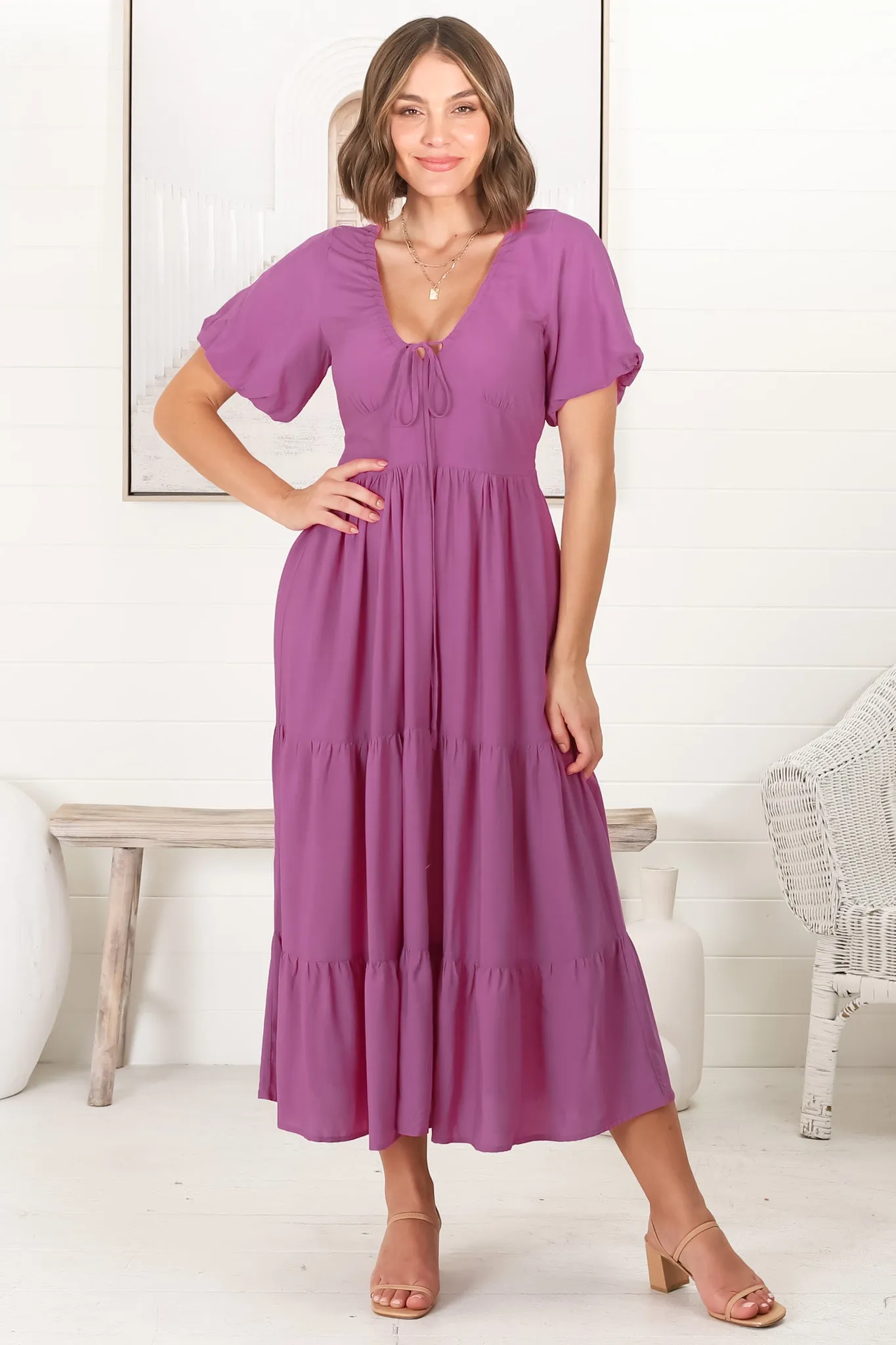 Ellen Midi Dress - Pull In V Neckline Dress With Cap Balloon Sleeves In Purple sold by Salty Crush