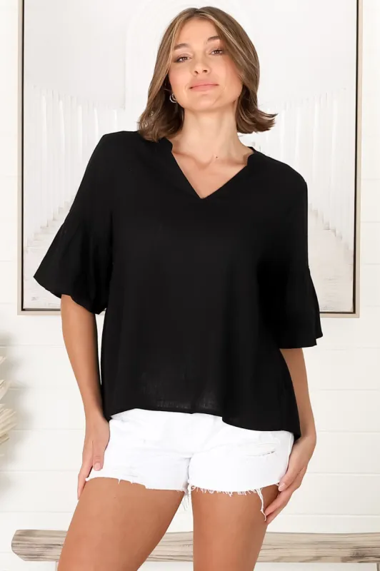 Melly Top - Cotton Blend V Neck Smock Top with Flute Sleeves in Black sold by Salty Crush