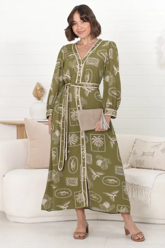 Arlette Midi Dress - Button Down Long Sleeve Dress with Matching Belt in Saad Print sold by Salty Crush