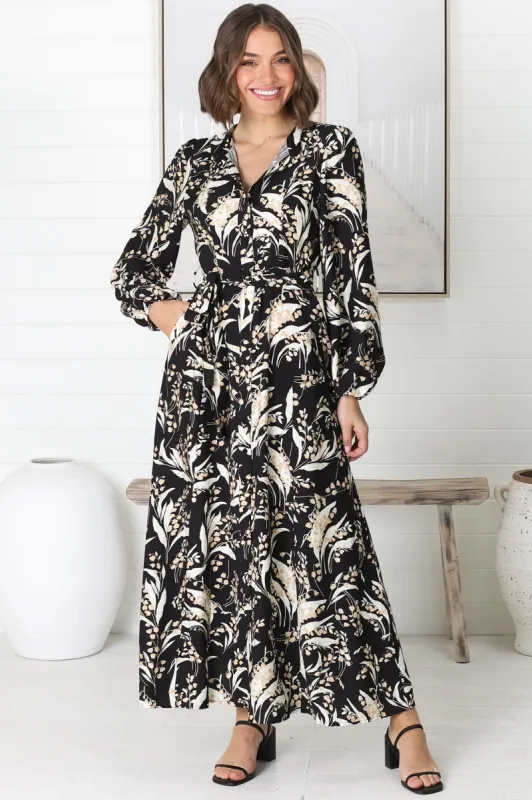 Rossa Maxi Dress: Button Down A Line Dress with Belt in Rejina Print sold by Salty Crush