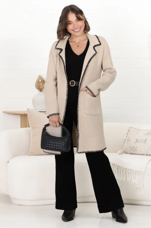 Kinny Cardigan - Collared Contrast Stiching Cardigan in Beige sold by Salty Crush