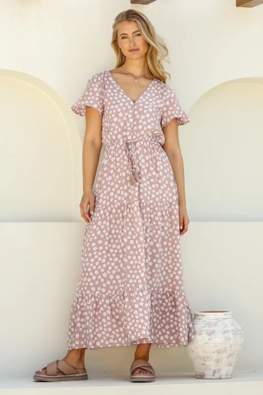 Gellina Maxi Dress - Pull In Waist A Line Dress with Cap Sleeves in Fawn sold by Salty Crush