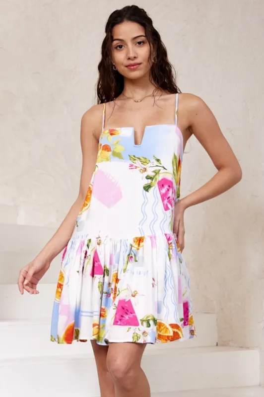 Emmie Mini Dress - Boning Defined Neckline Sun Dress in Summer Zest sold by Salty Crush