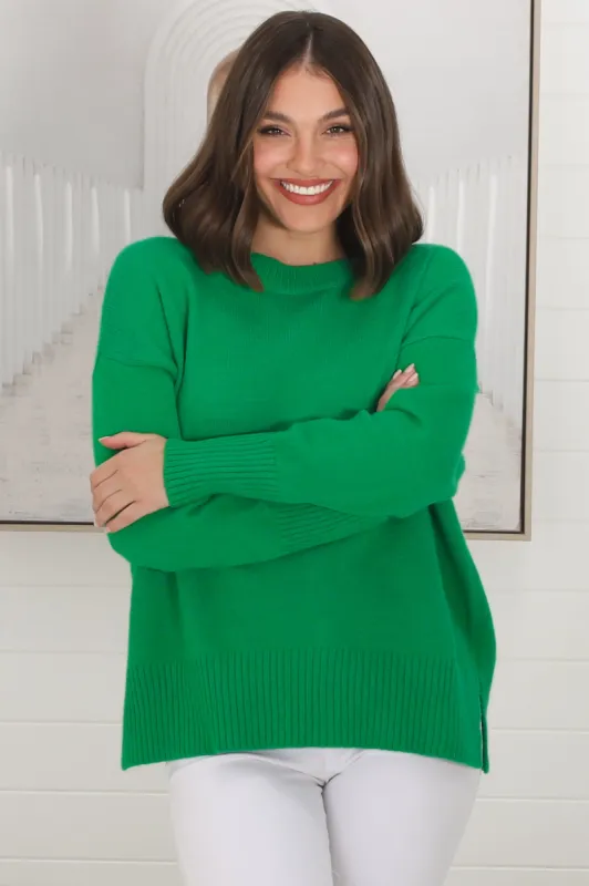 Rita Jumper - Relaxed Crew Neck Knit with Side Splits in Green sold by Salty Crush