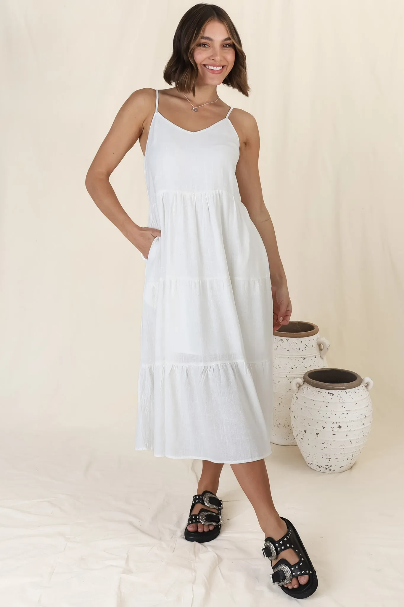 Arlowe Midi Dress - Soft V Neckline Tiered Linen Sun Dress in White sold by Salty Crush product image thumbnail 4