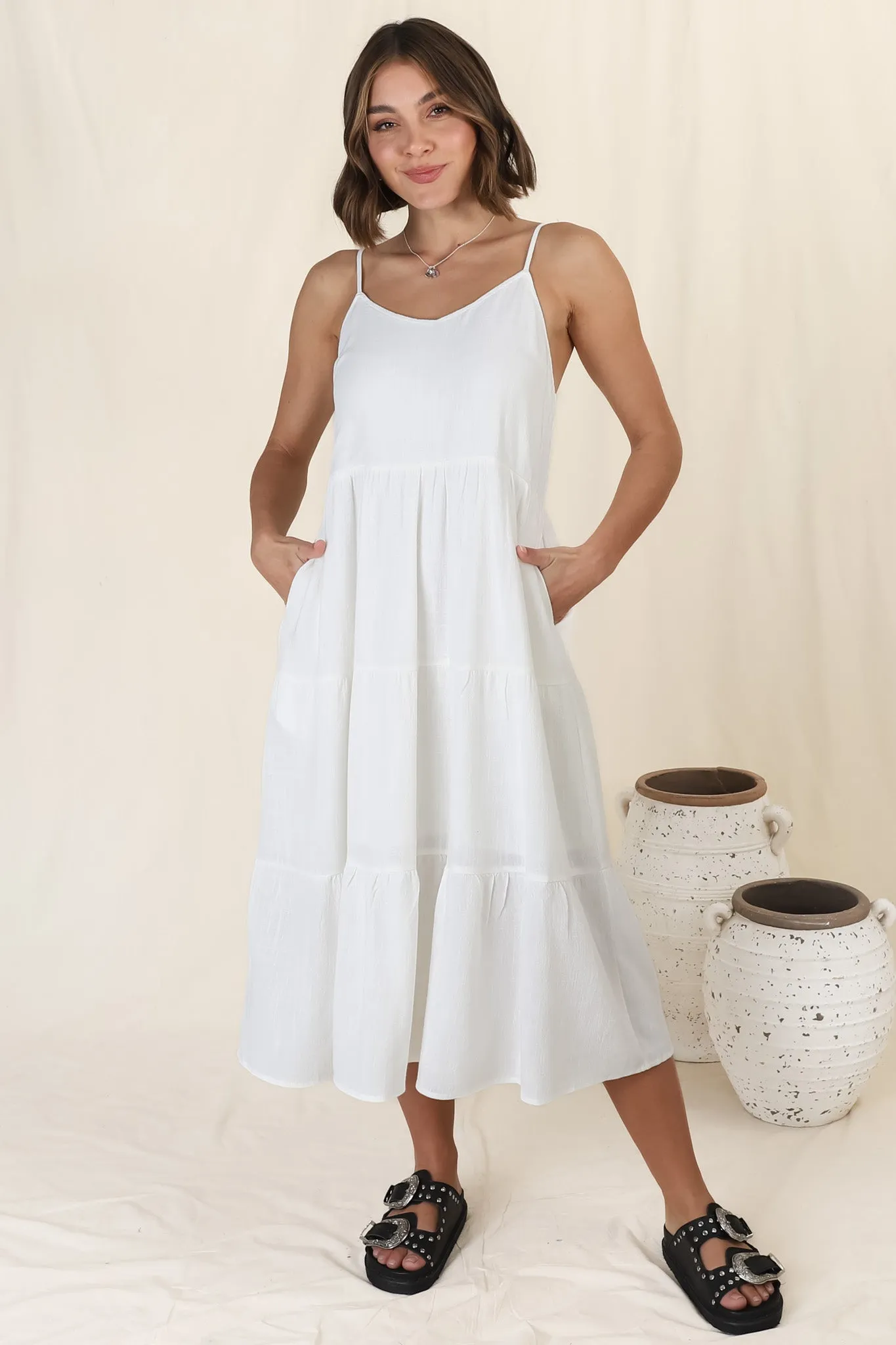 Arlowe Midi Dress - Soft V Neckline Tiered Linen Sun Dress in White sold by Salty Crush
