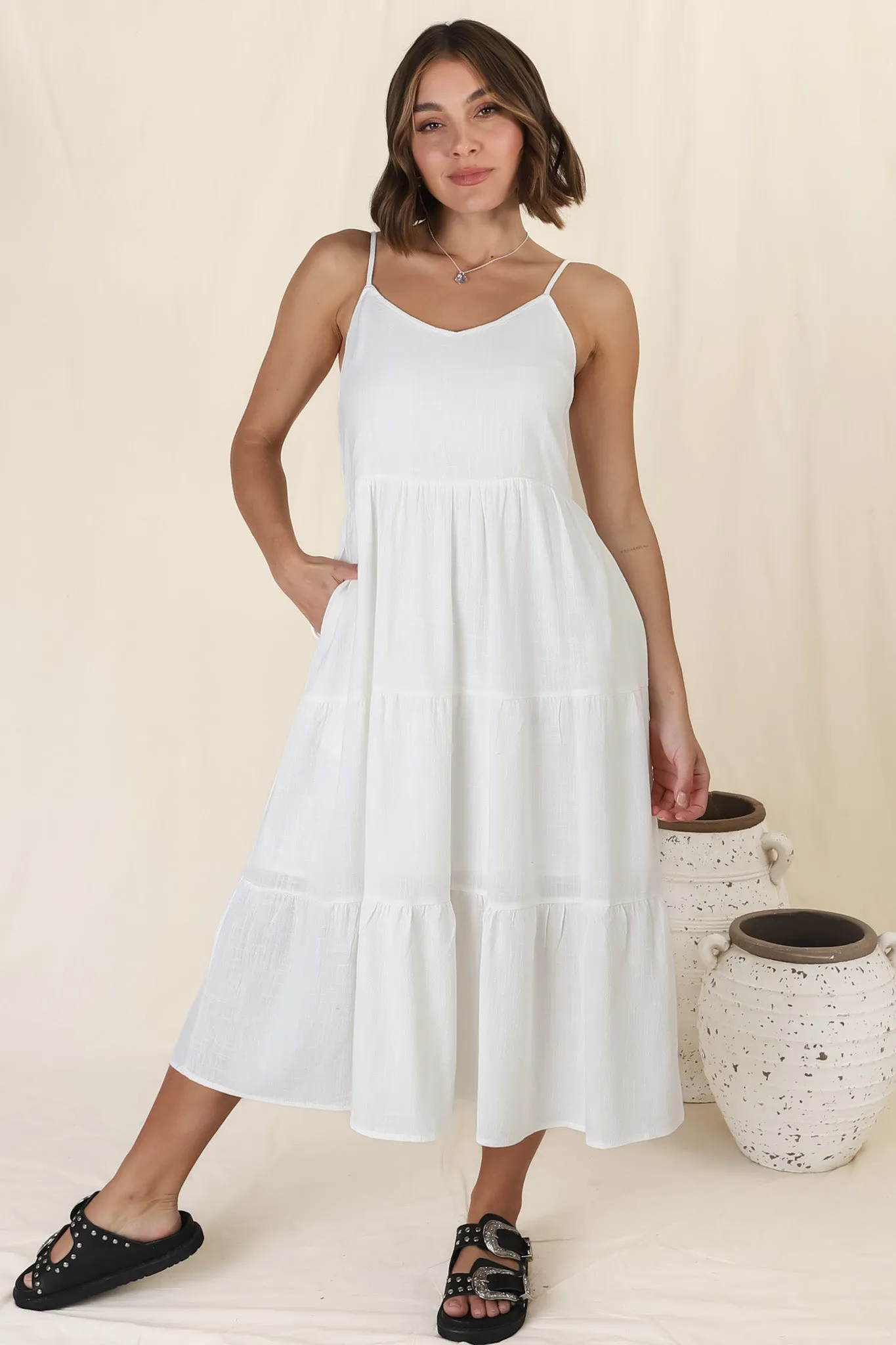 Arlowe Midi Dress - Soft V Neckline Tiered Linen Sun Dress in White sold by Salty Crush product image thumbnail 5