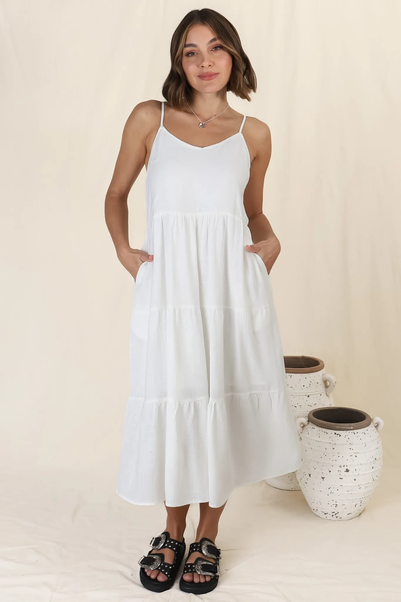 Arlowe Midi Dress - Soft V Neckline Tiered Linen Sun Dress in White sold by Salty Crush product image thumbnail 3