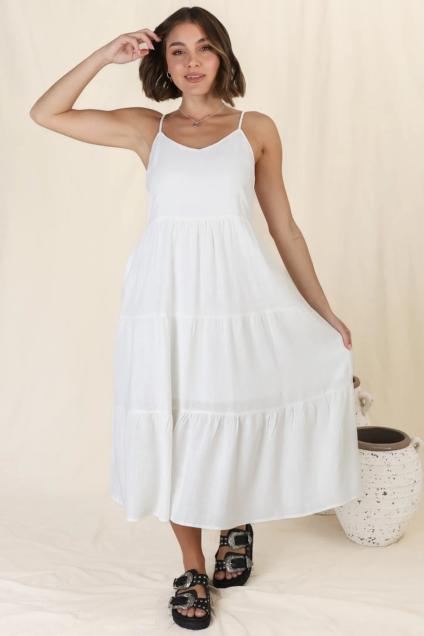 Arlowe Midi Dress - Soft V Neckline Tiered Linen Sun Dress in White sold by Salty Crush product image thumbnail 2
