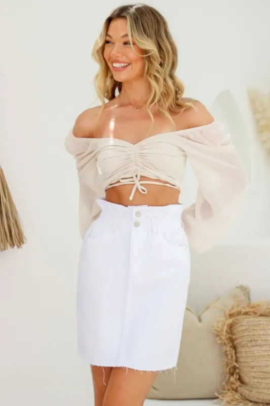 Tenerife Denim Skirt - Paper Bag Waist Mini Skirt in White sold by Salty Crush