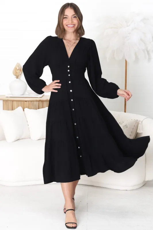 Bello Midi Dress - Button Through A Line Dress with Balloon Sleeves in Black sold by Salty Crush