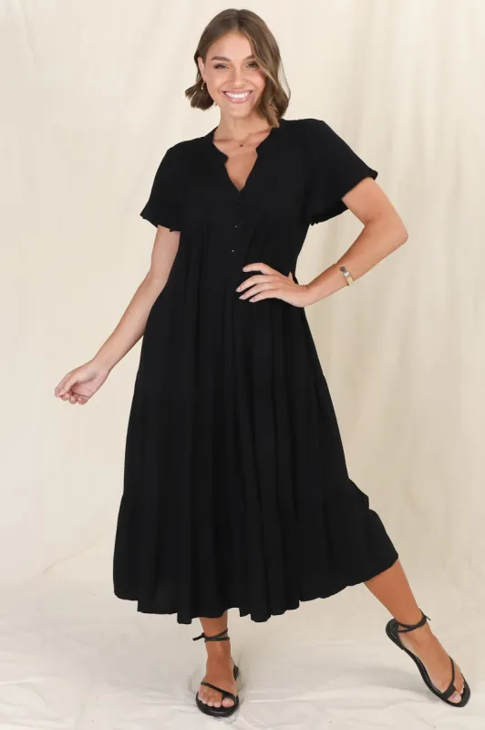 Peggy Midi Dress - Relaxed Mandarin Collar Pleated Bust Tiered Linen Dress in Black sold by Salty Crush
