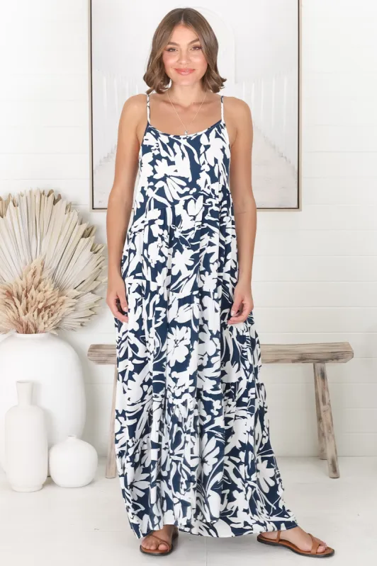 Kana Maxi Dress - Spaghetti Strap Asymmetric Tiered Dress in Charis Print Blue sold by Salty Crush