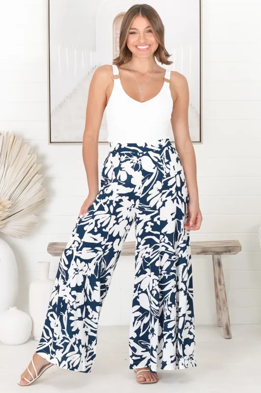 Charis Pants - Flat Waist Panel with Elasticated Back Wide Leg Pants in Blue sold by Salty Crush