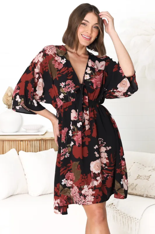 Zoe Mini Dress - Kimono Sleeve A-Line Dress with Bow at the Bust in Peta Print sold by Salty Crush