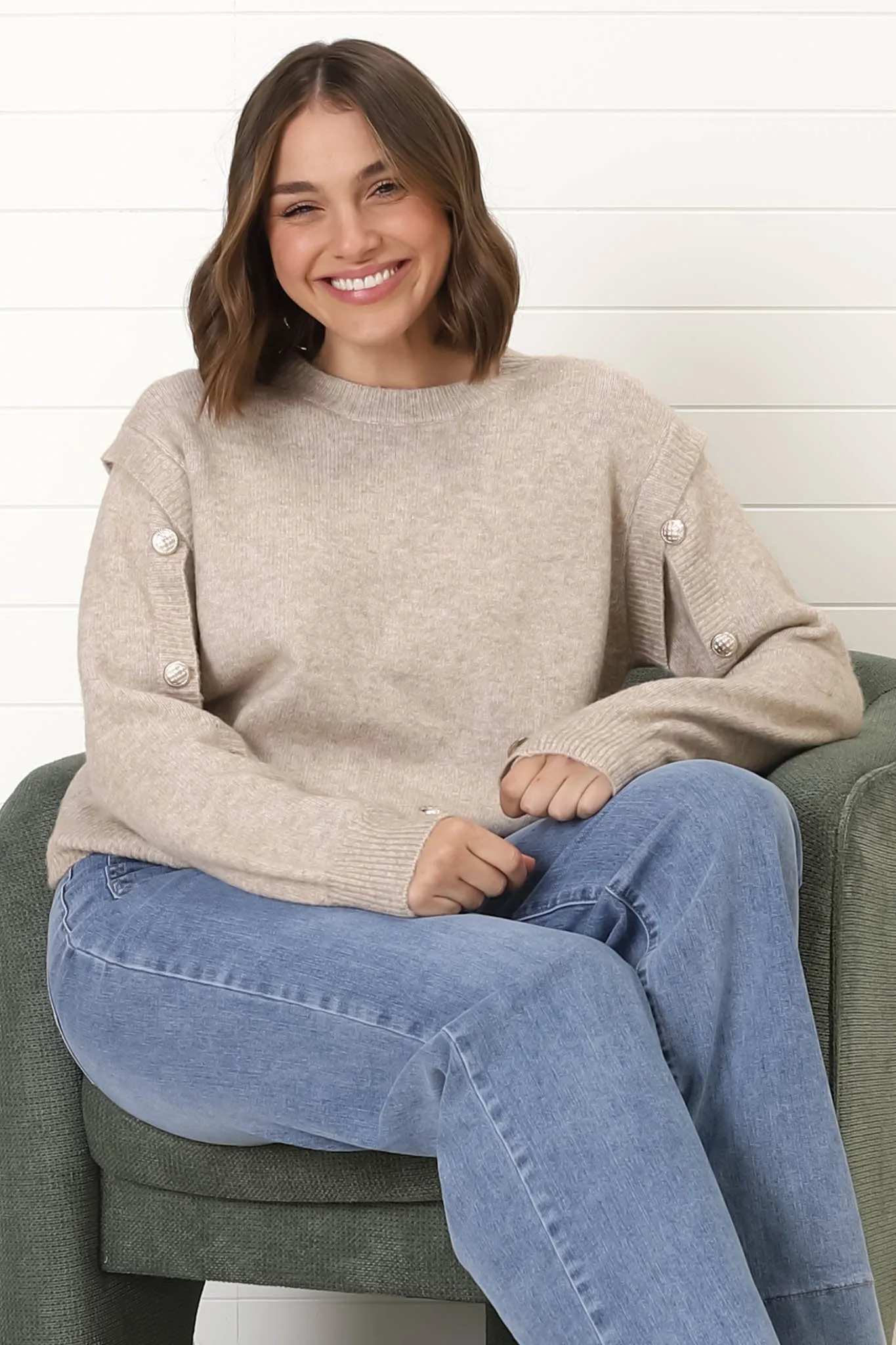 Meldon Jumper - Button Detailed Crew Neck Jumper in Taupe sold by Salty Crush product image thumbnail 2