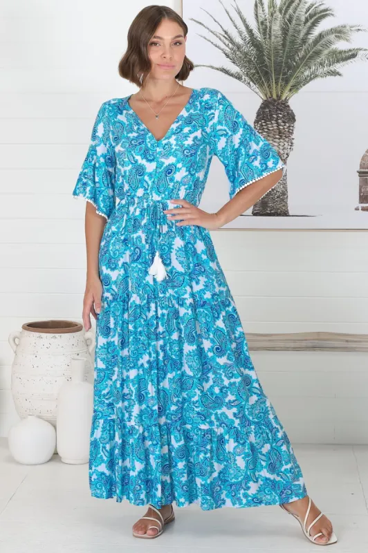 Romelly Maxi Dress - Crochet Trim Bell Sleeve A Line Dress With Pull Tie Waist In Blue sold by Salty Crush