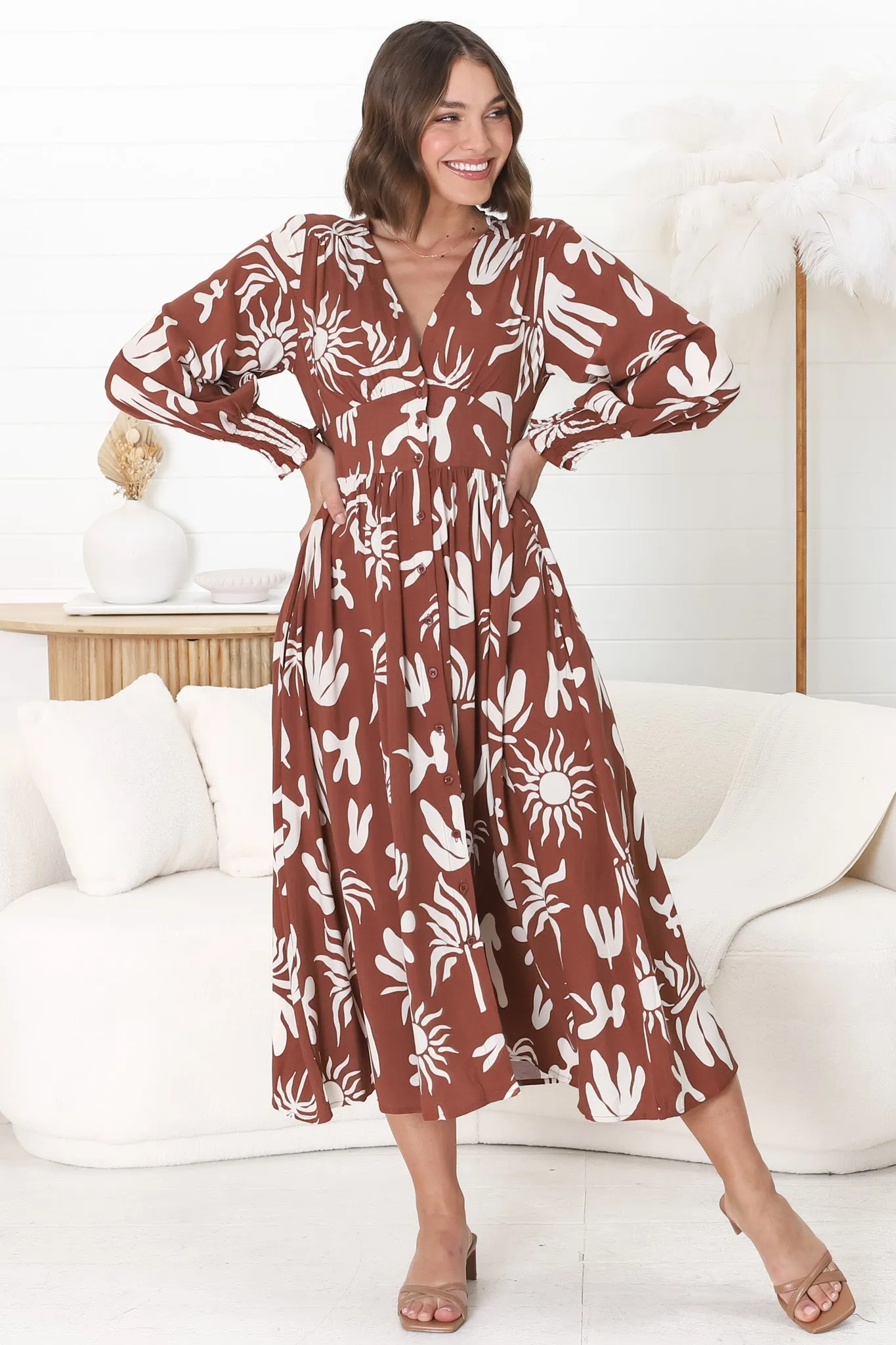 Jolie Midi Dress - V Neck Buttoned Down Long Sleeve Dress in Wells Print Brown sold by Salty Crush product image thumbnail 5