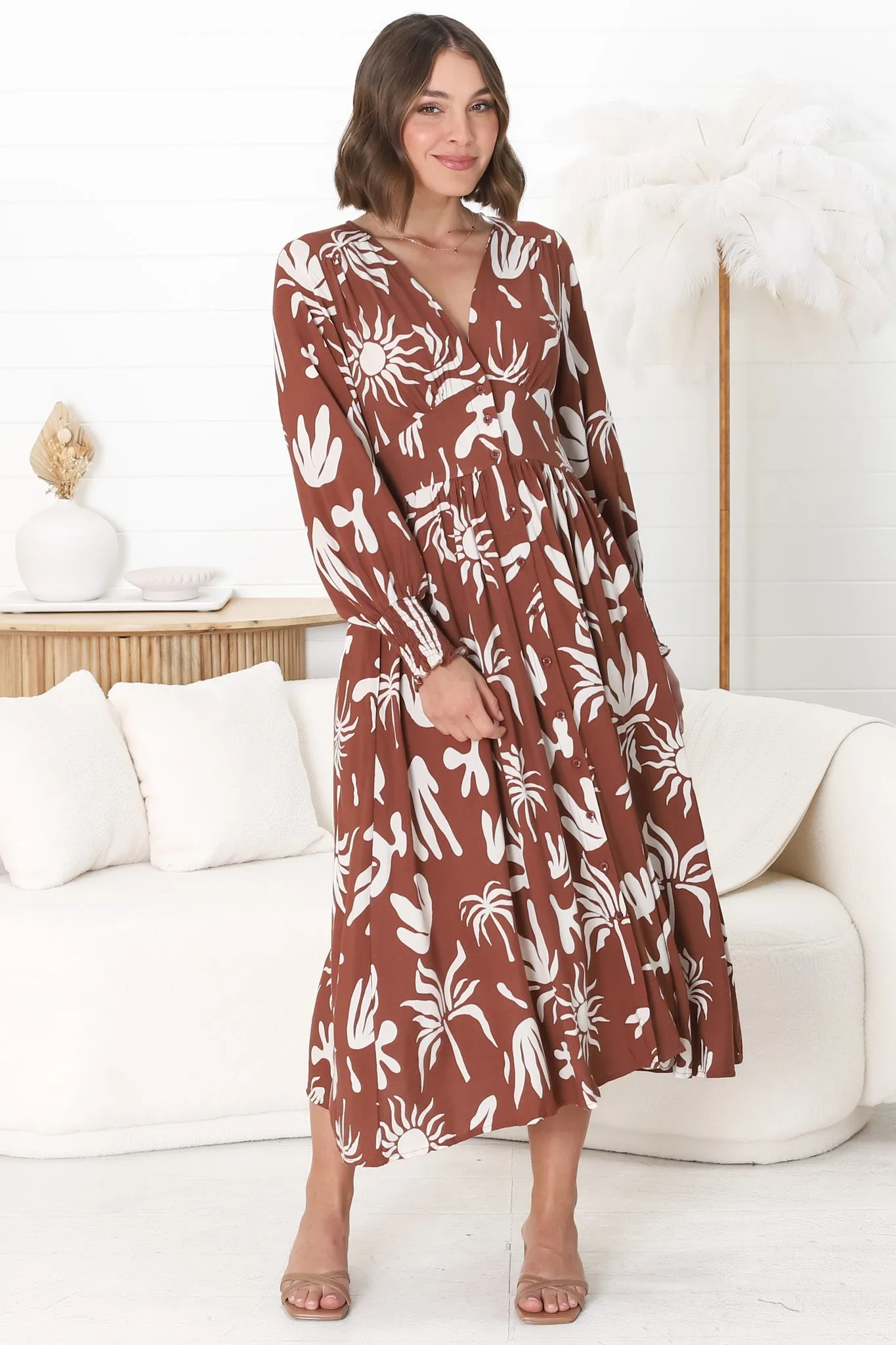 Jolie Midi Dress - V Neck Buttoned Down Long Sleeve Dress in Wells Print Brown sold by Salty Crush product image thumbnail 4