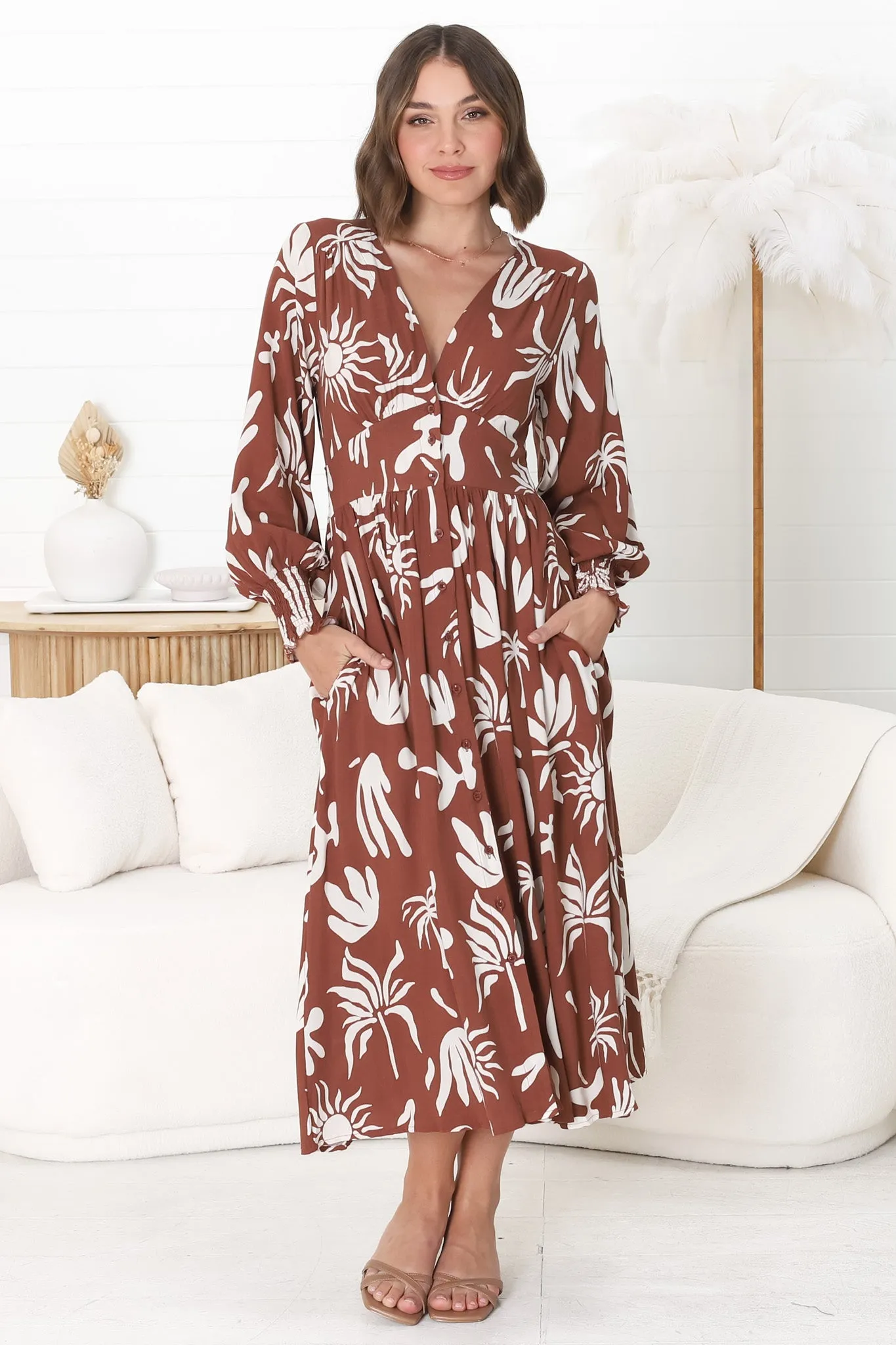 Jolie Midi Dress - V Neck Buttoned Down Long Sleeve Dress in Wells Print Brown sold by Salty Crush product image thumbnail 3