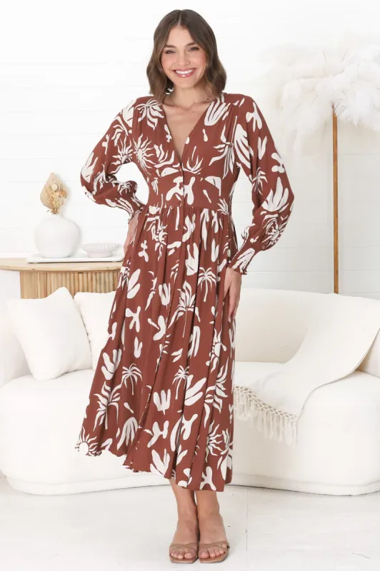 Jolie Midi Dress - V Neck Buttoned Down Long Sleeve Dress in Wells Print Brown sold by Salty Crush